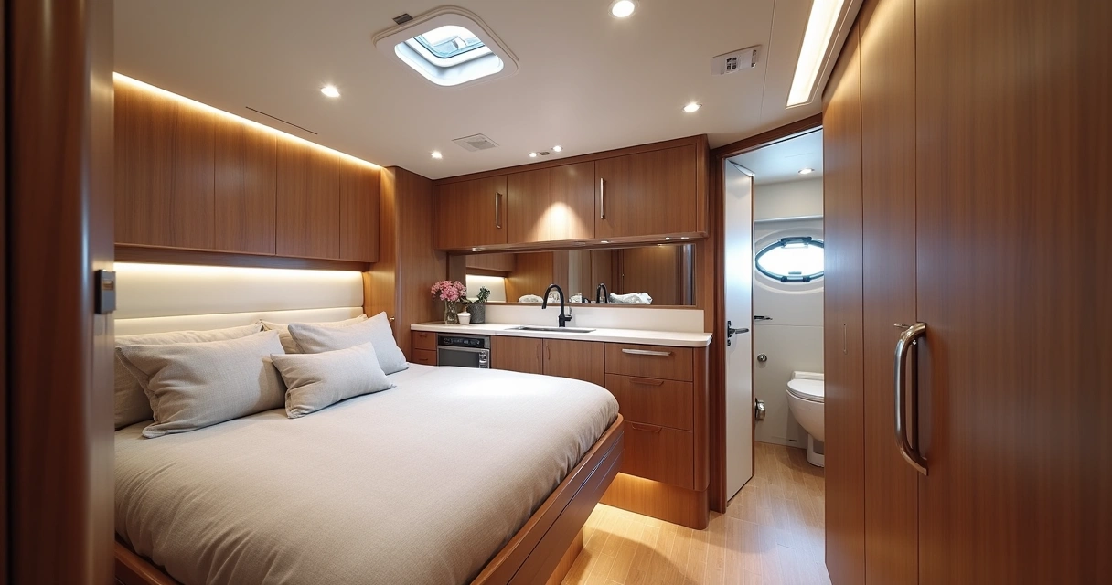 Modern cabin cruiser boat interior with sleeping quarters and galley. 