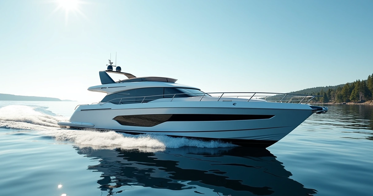 Luxury cabin cruiser boat with enclosed cabin cruising on calm blue water under a clear sky 