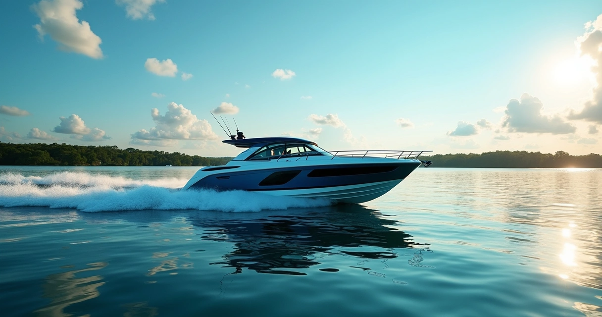 Luxury motorboat cruising on clear blue lake water under sunny sky with Texas shoreline 