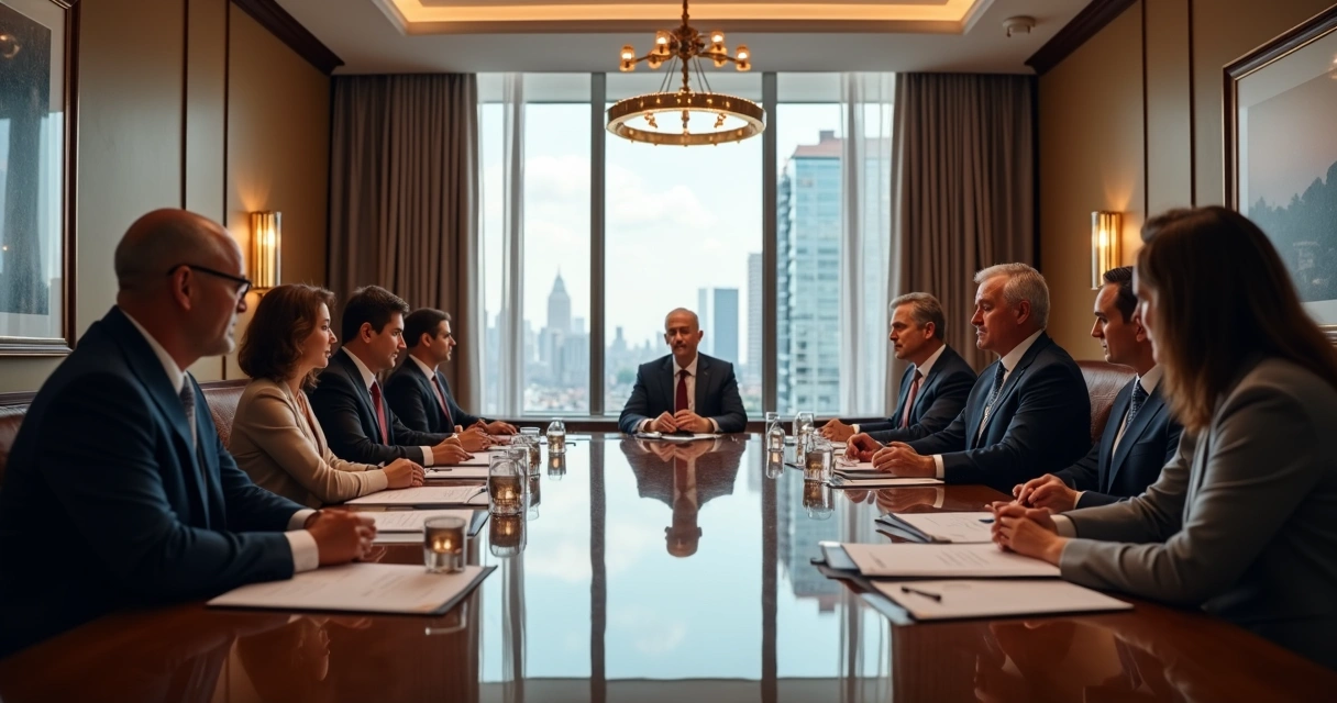 Formal board meeting in luxury NYC condo association with diverse board members at a table