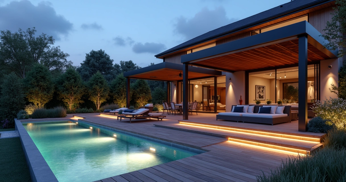 Luxury outdoor space with pool, wooden deck, pergola, evening lights in a 3D render