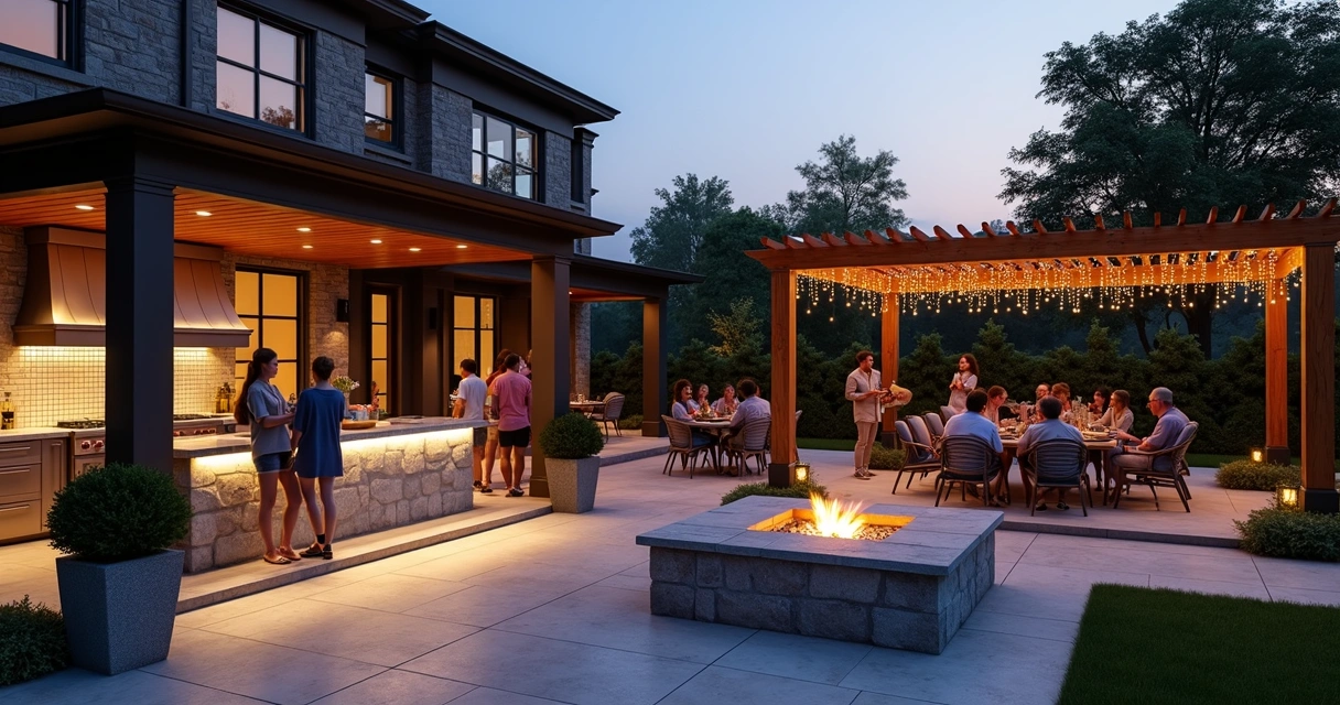 Outdoor kitchen, fire pit, and pergola with nighttime gathering area