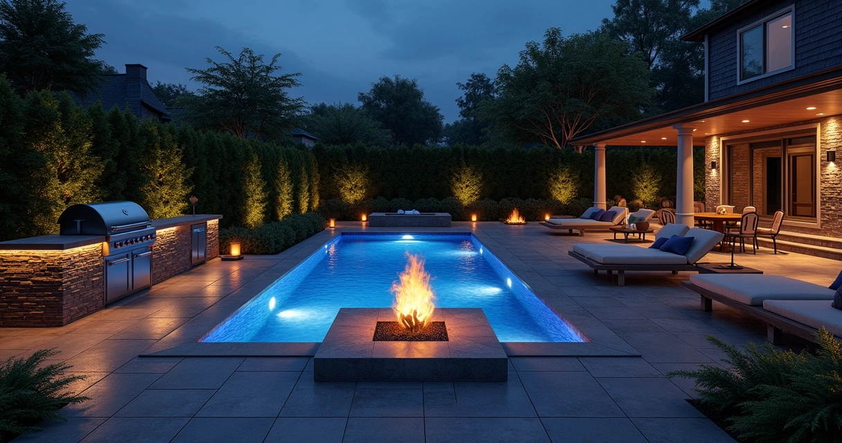 Modern luxury outdoor kitchen, pool, and fire feature at night