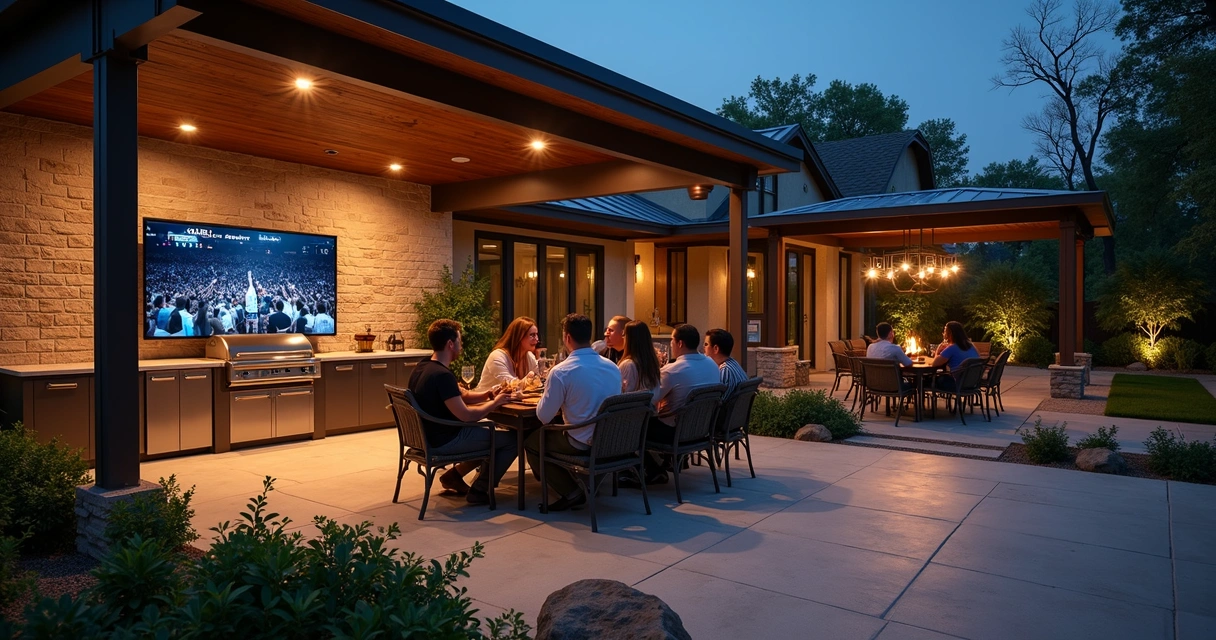 Modern outdoor kitchen setup with people watching NBA game on outdoor TV 