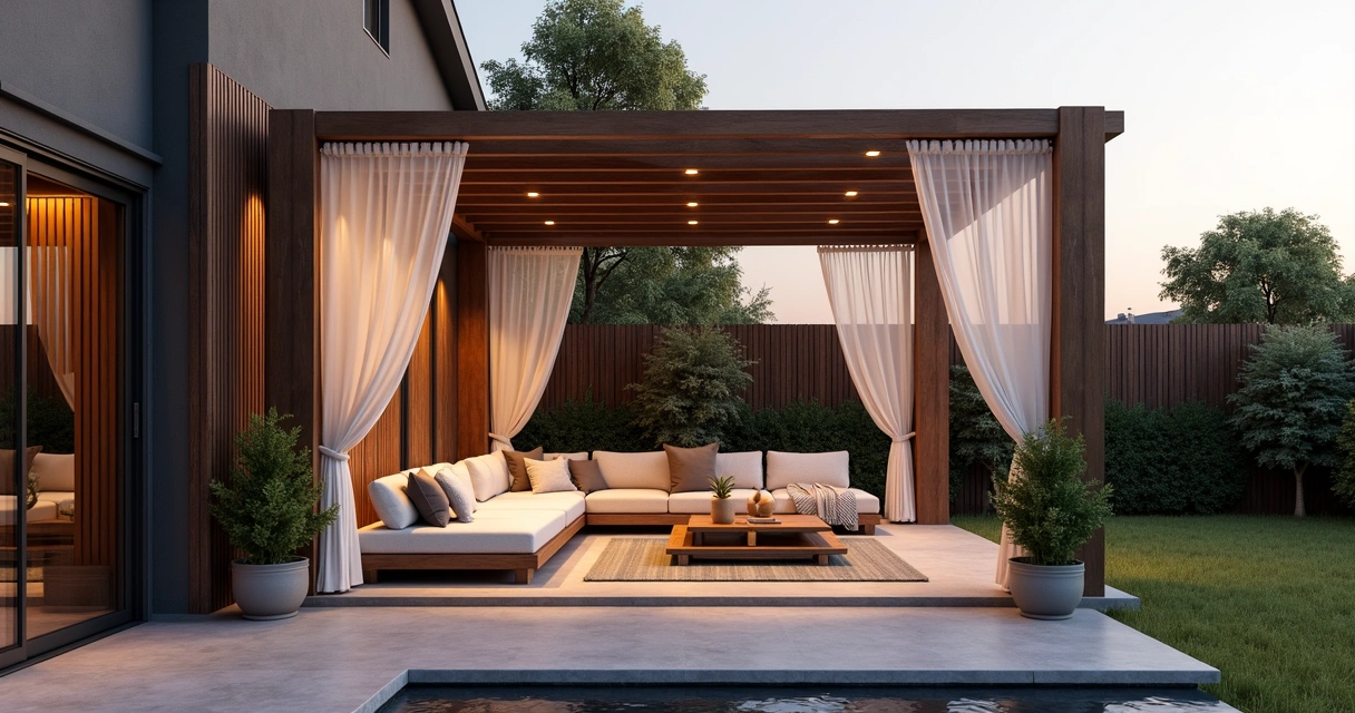 Modern pergola with privacy features and seating area 