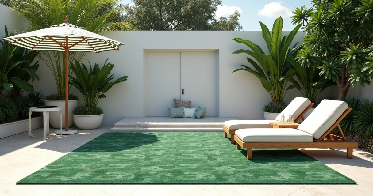 Elegant patio with green botanical rug and lounge chairs 