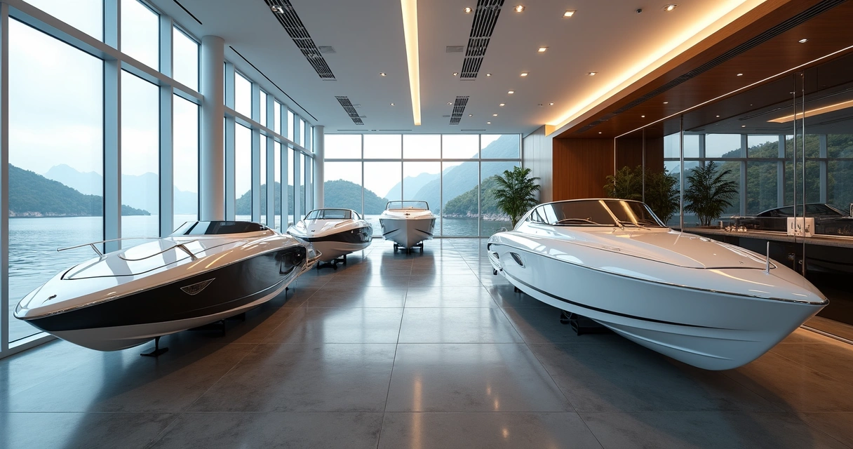 Premium Brazilian boats displayed in a modern showroom with sleek designs and bright natural lighting 