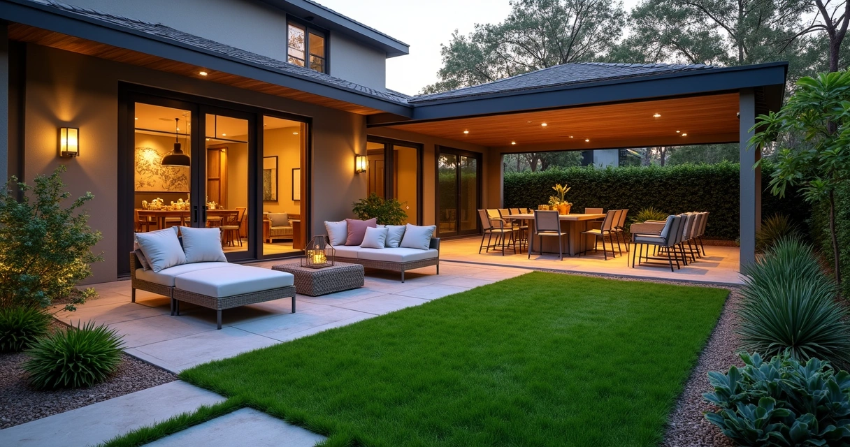Outdoor patio area with lush artificial turf and patio furniture 