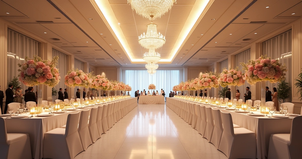 Luxury ballroom wedding setup with floral centerpieces 