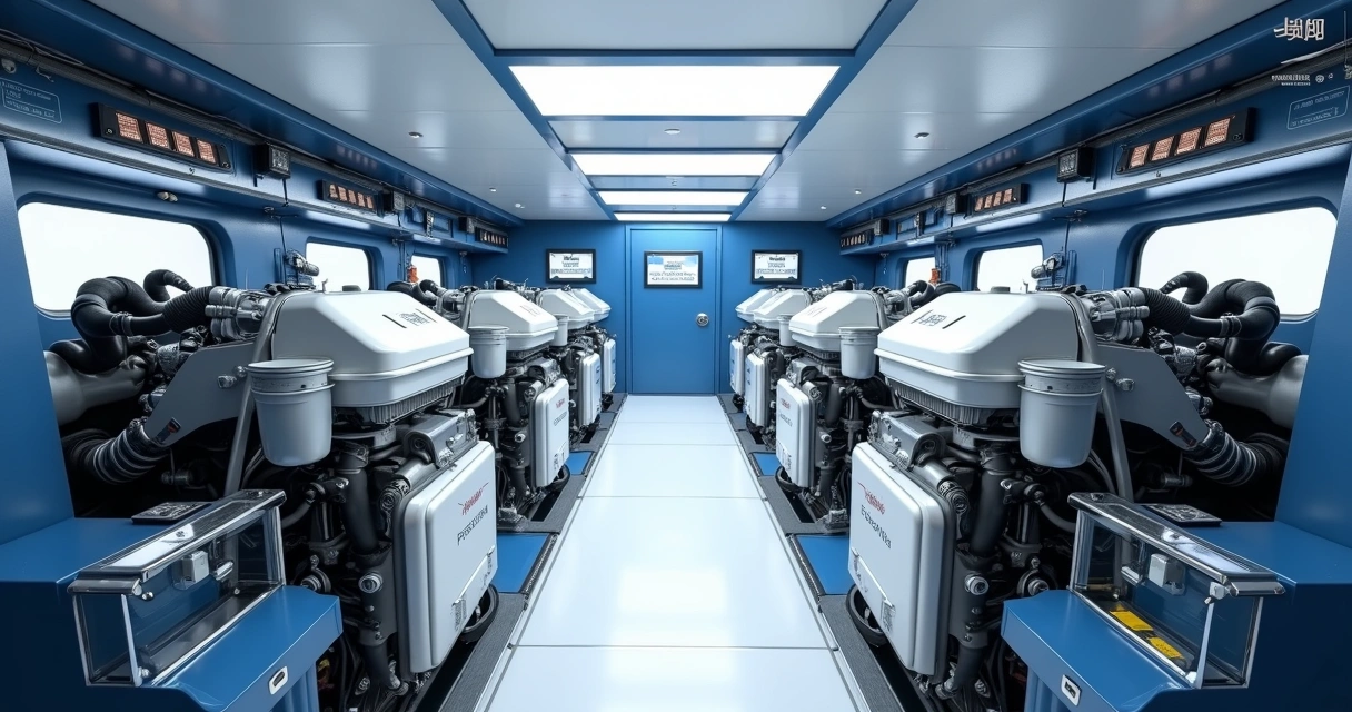 Engine room of a luxury yacht with labeled maintenance points