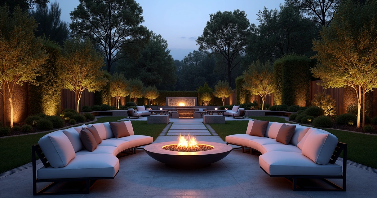 Luxury yard with firepit and modern lighting