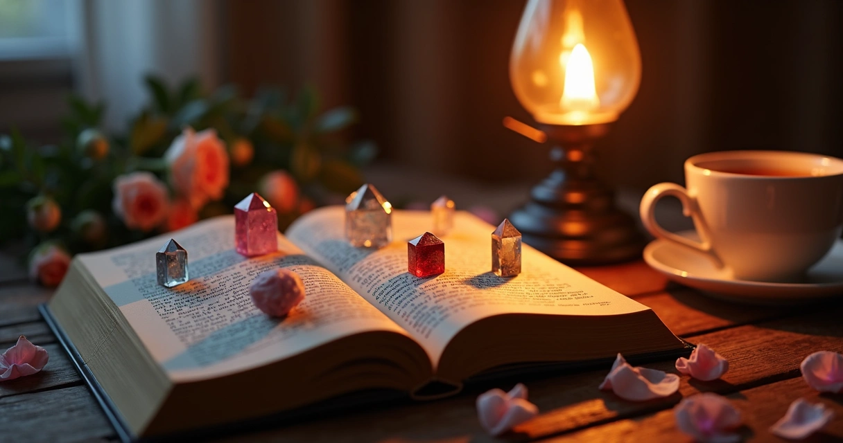 Candeeiro aceso iluminando livro aberto e cristais sobre mesa