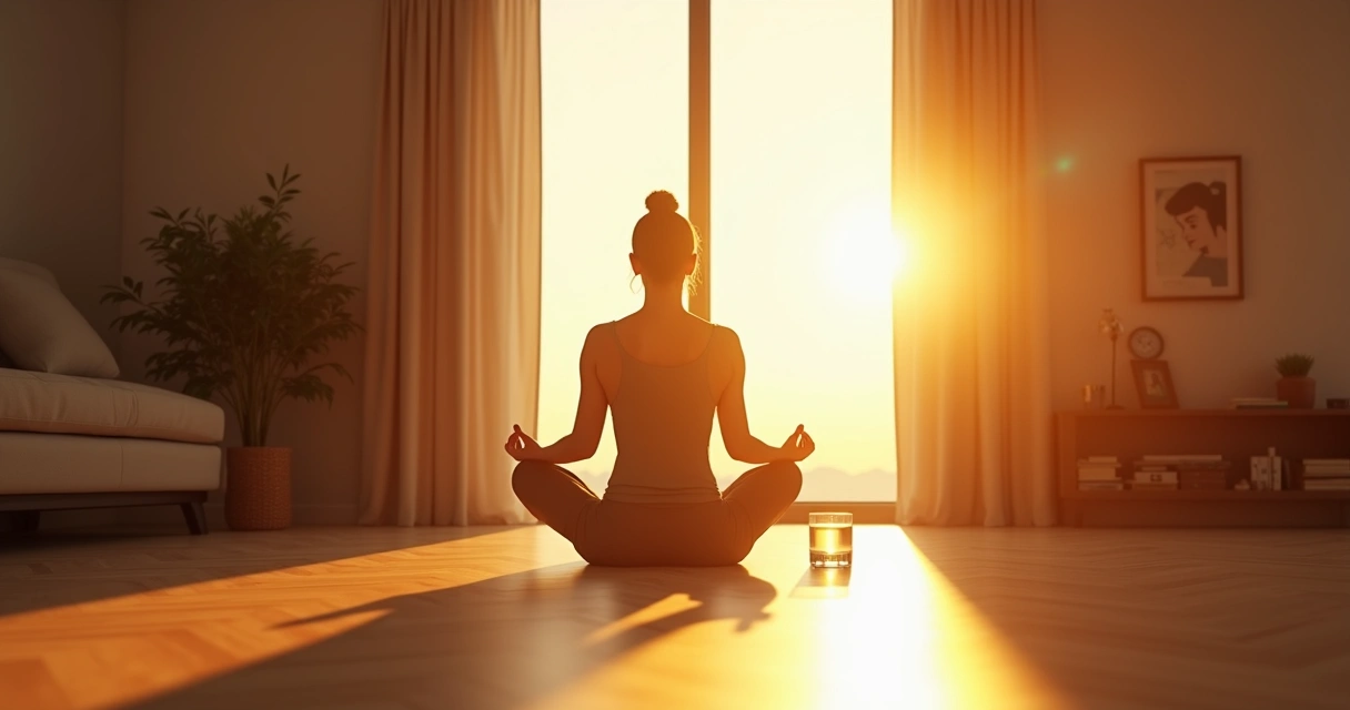 Luz da manhã entrando pela janela sobre uma pessoa em meditação