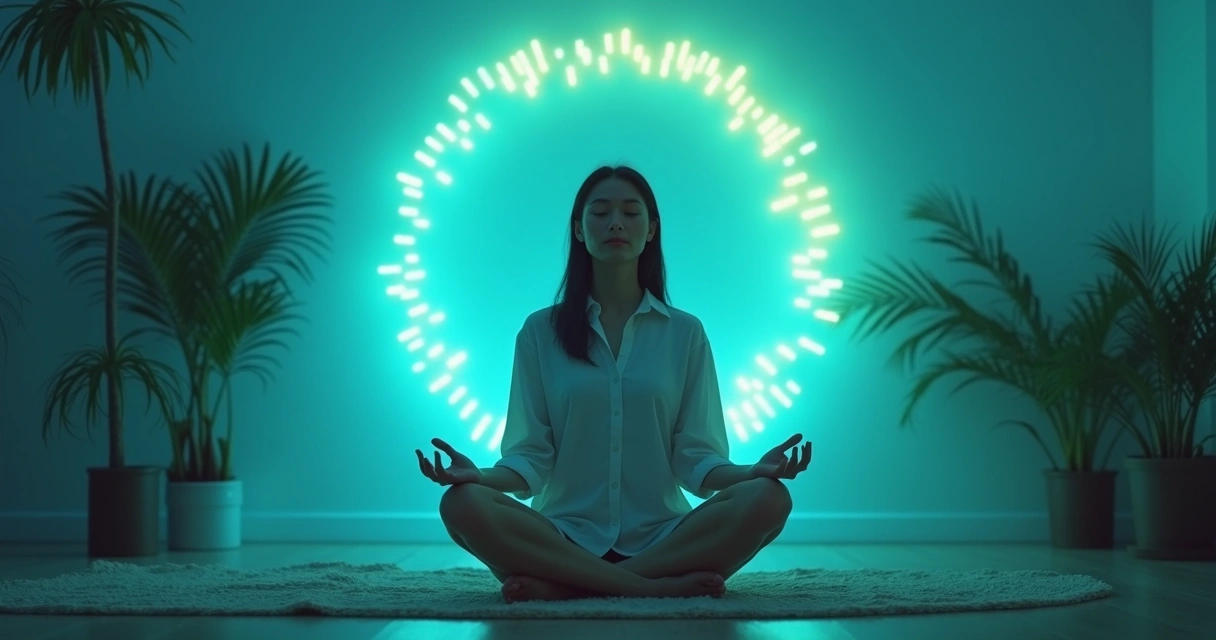 Pessoa meditando rodeada por luz azul e verde 