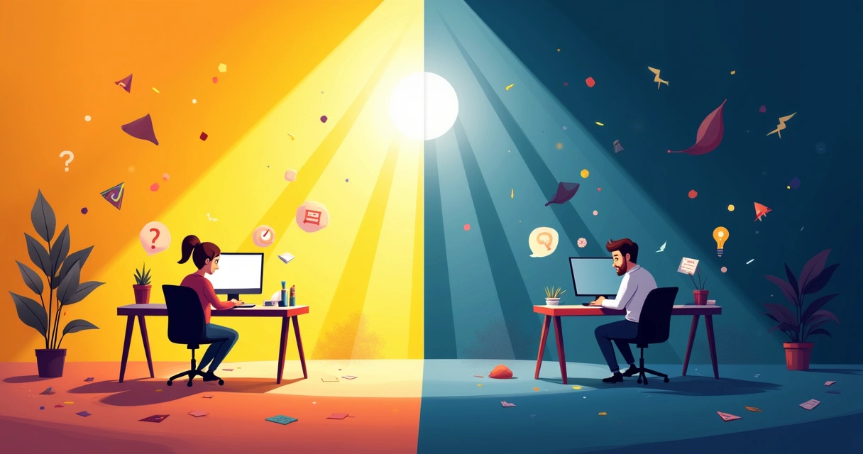 Ilustração contrastando ambientes com luz e escuridão, representando decisões com segurança e incerteza.