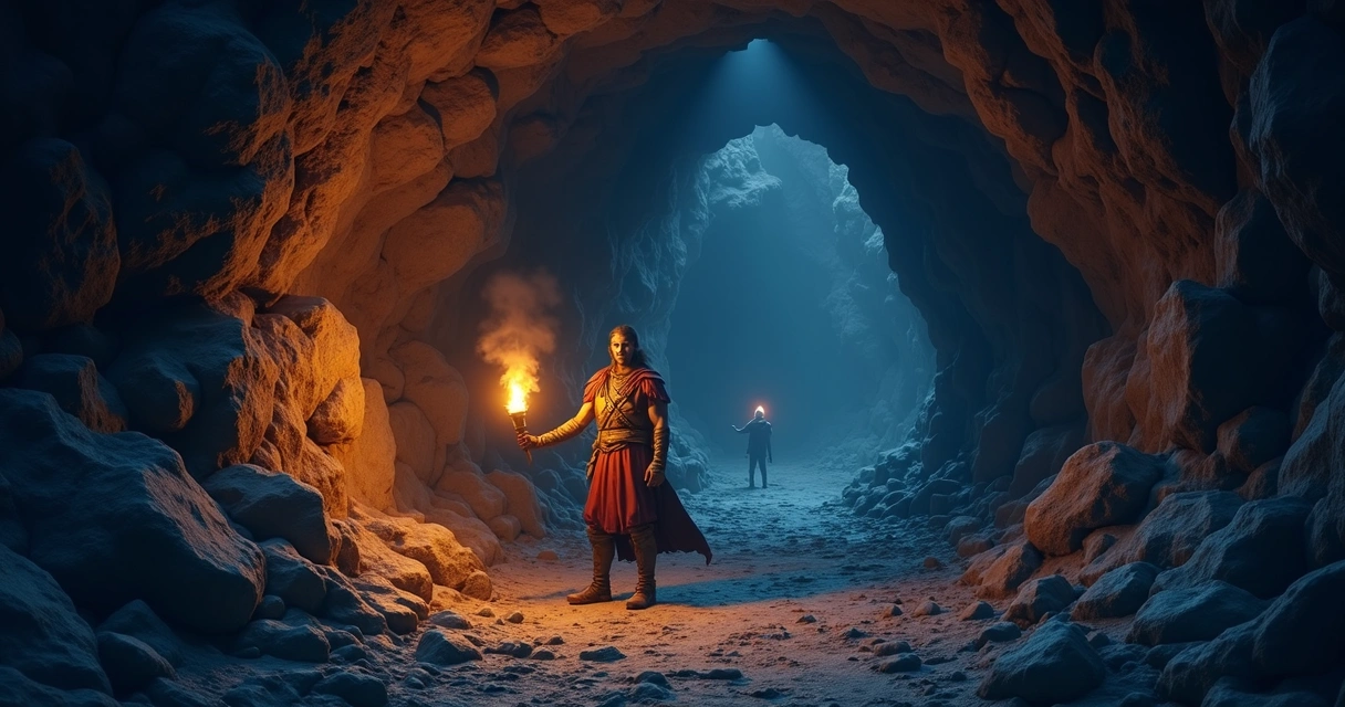 Personagem explora caverna escura com tochas acesas 