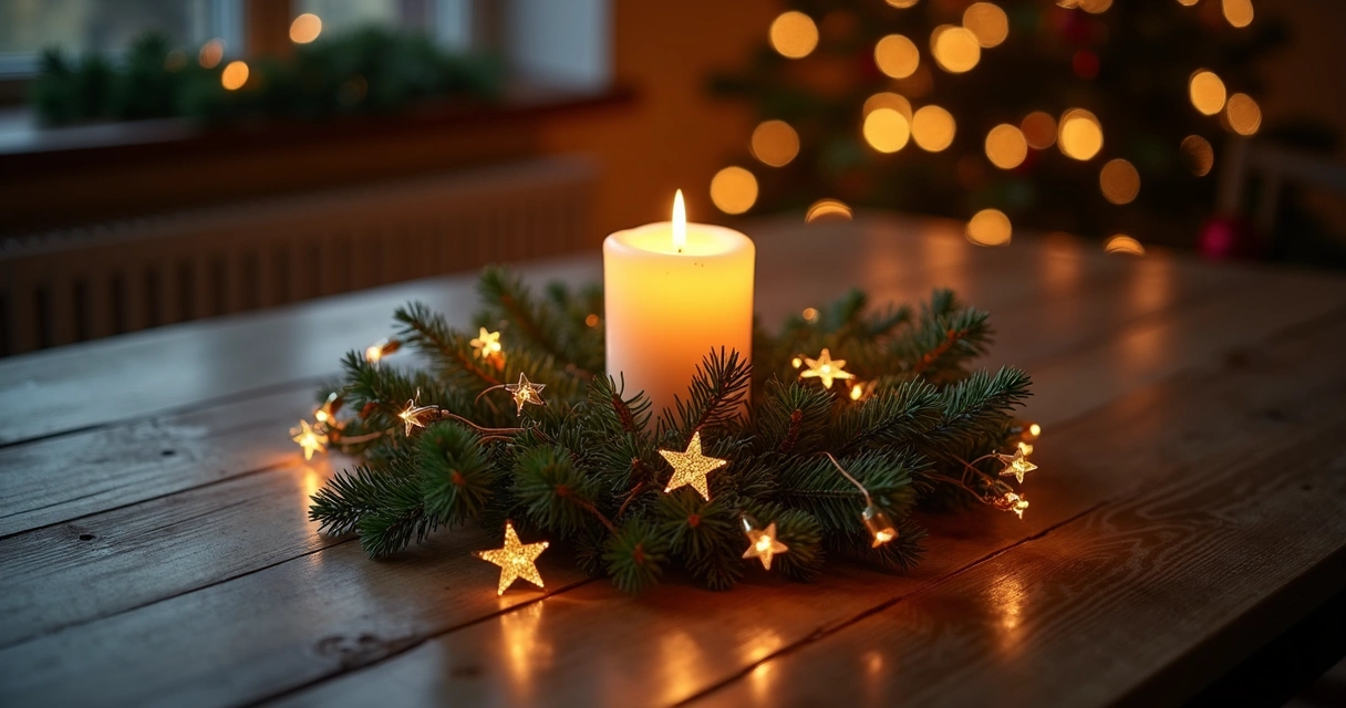 Vela acesa cercada por estrelas douradas e ambiente natalino calmo