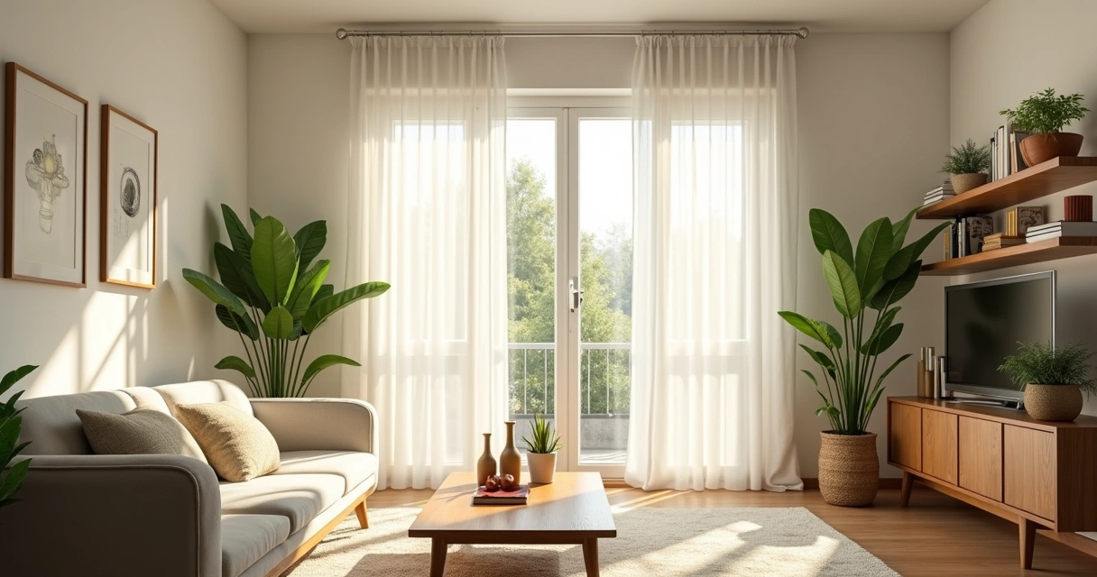 Sala iluminada pela luz solar com cortinas claras e plantas ao lado da janela 