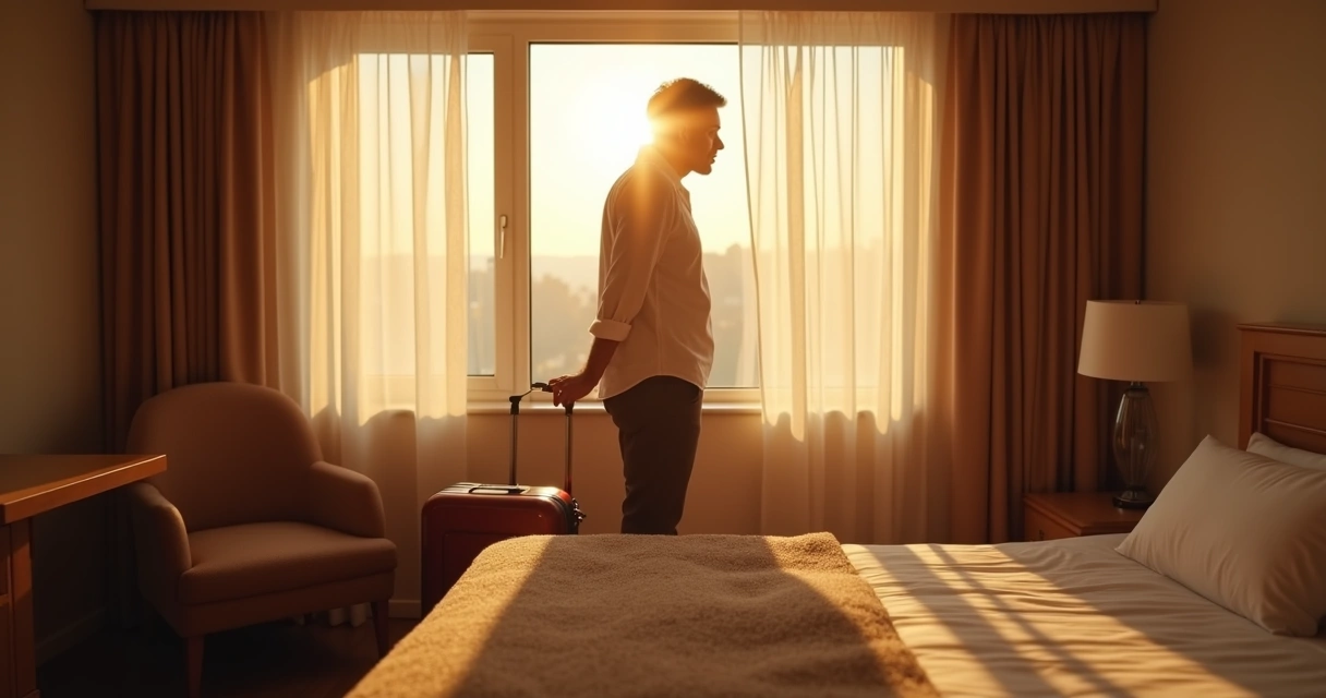 Pessoa recebendo luz natural pela janela do quarto do hotel 