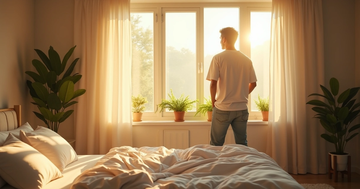 Habitación luminosa con persona respirando conscientemente en la mañana 