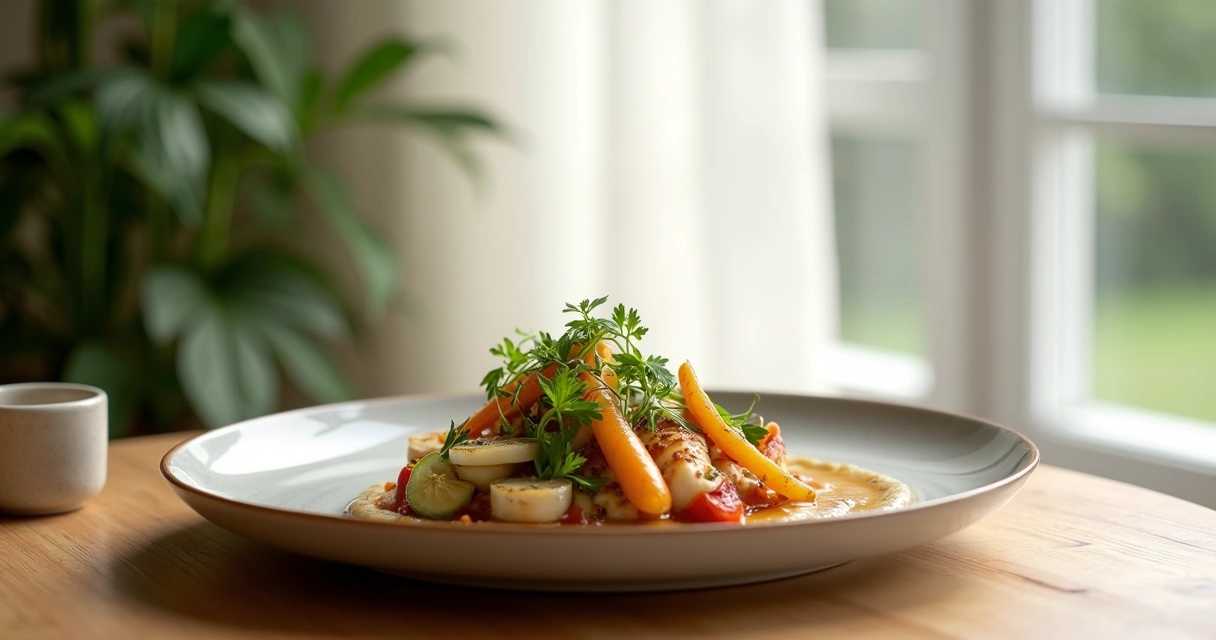 Luz natural em comida sobre mesa de restaurante 