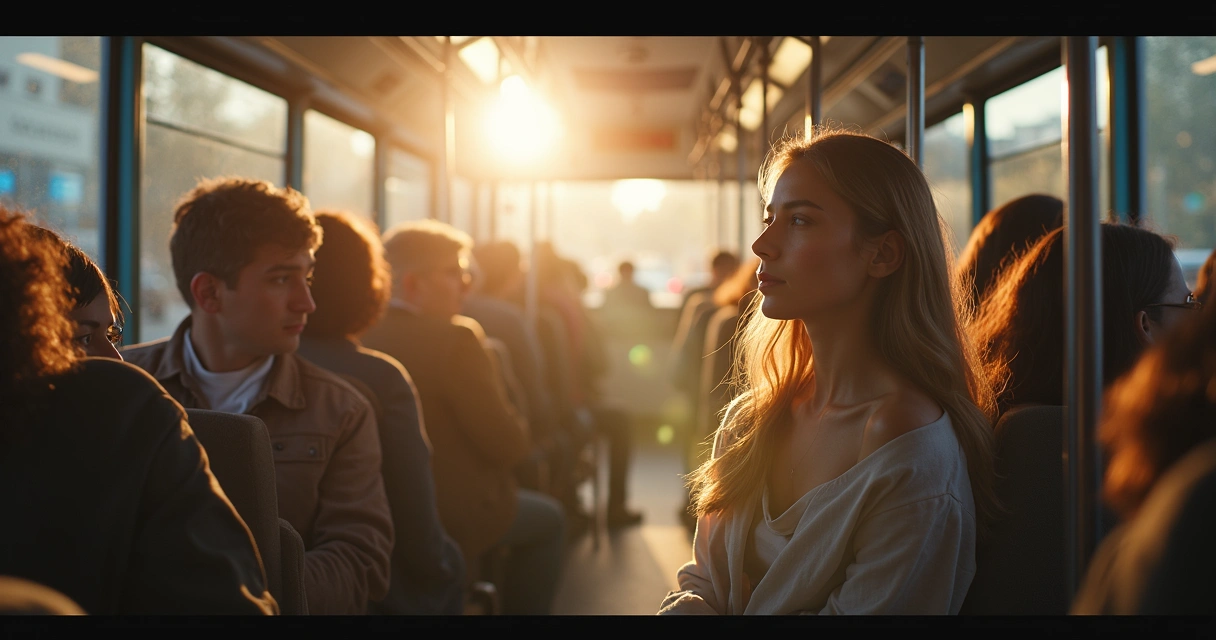Pessoa envolta em luz branca no interior de um ônibus coletivo 