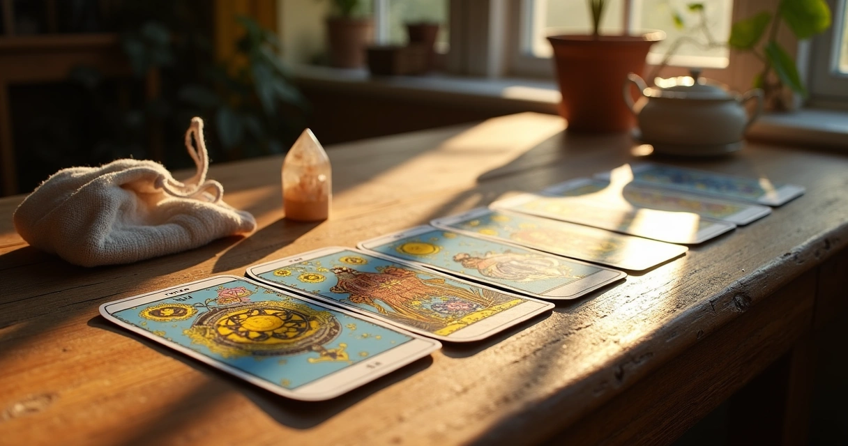 Cartas de tarot recebendo luz do sol suave em uma mesa de madeira perto de uma janela 