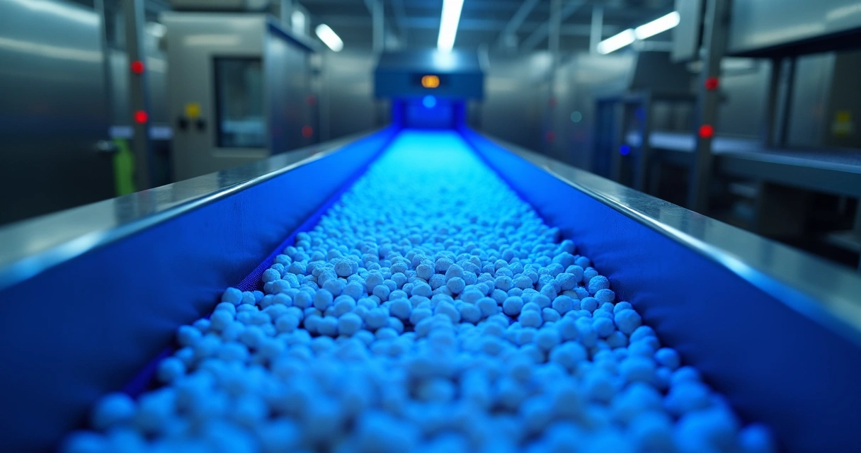 Luz UV-C incidindo sobre linha de produção de alimentos secos 