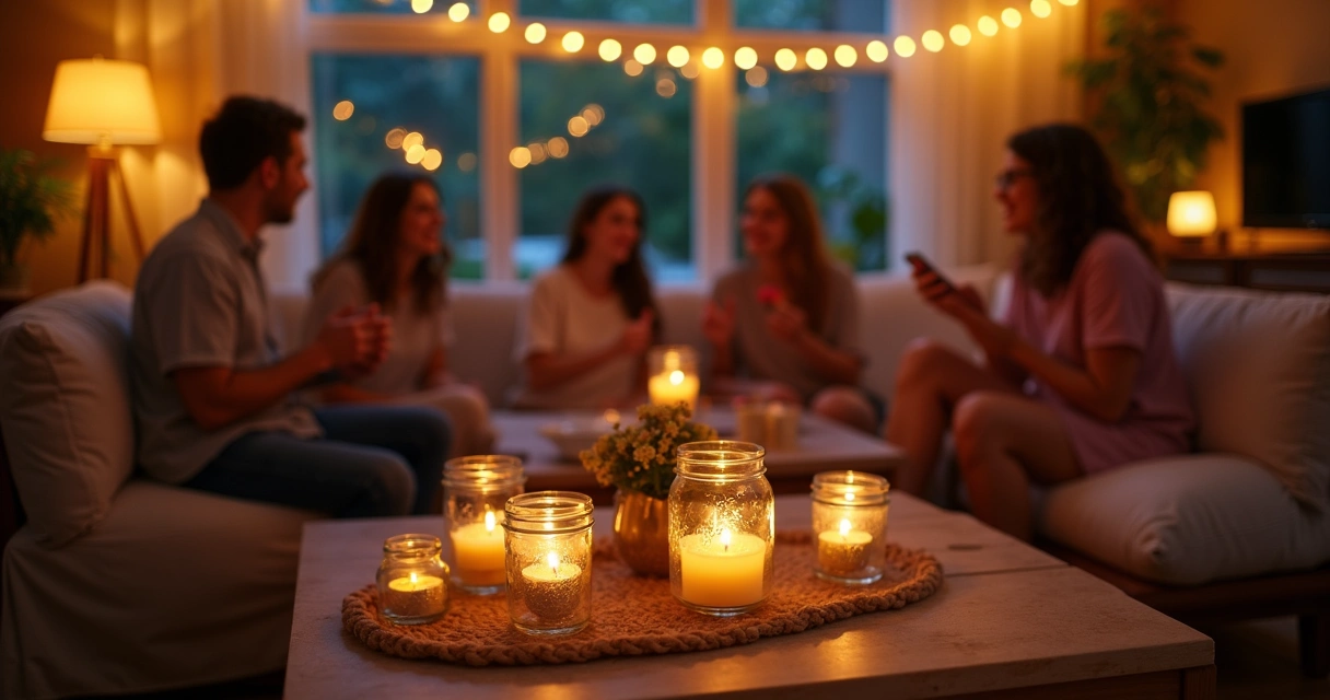 Festa com luzes de LED e velas em ambiente de sala 