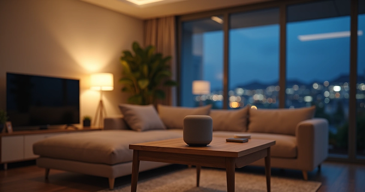Sala com luzes inteligentes instaladas no teto, móveis modernos e assistente virtual sobre a mesa