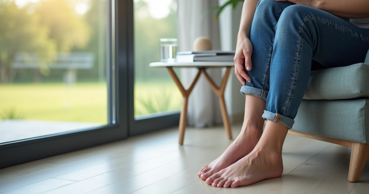 Pessoa de meia idade observa pernas inchadas sentada em cadeira em casa 