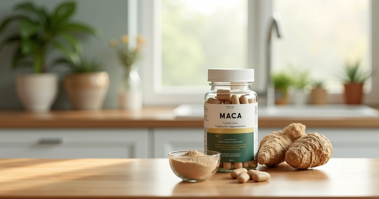 Mesa de madeira com maca peruana em cápsulas e em pó ao lado de rótulos limpos 