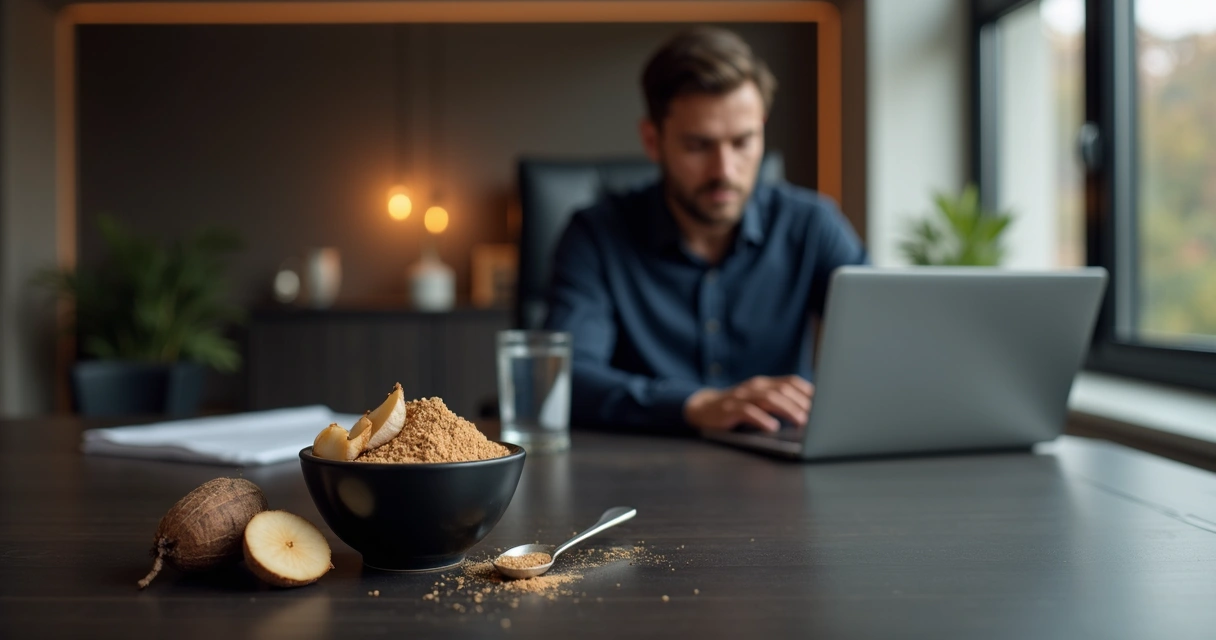Raiz de maca peruana ao lado de executiva masculino usando notebook em ambiente sofisticado 