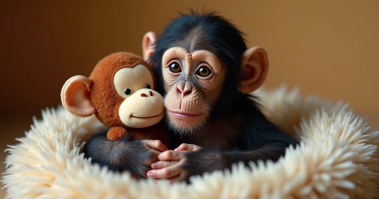 Filhote de chimpanzé agarrado a um macaco de pelúcia 