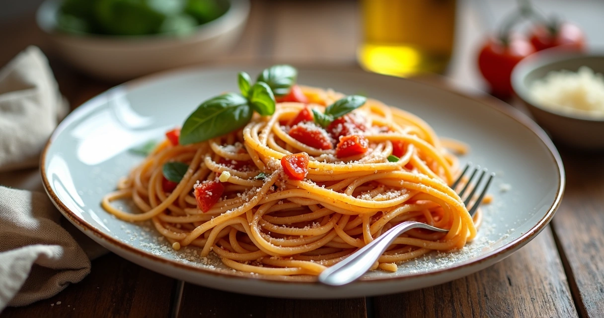 Prato de macarrão al dente visto de cima com molho de tomate 