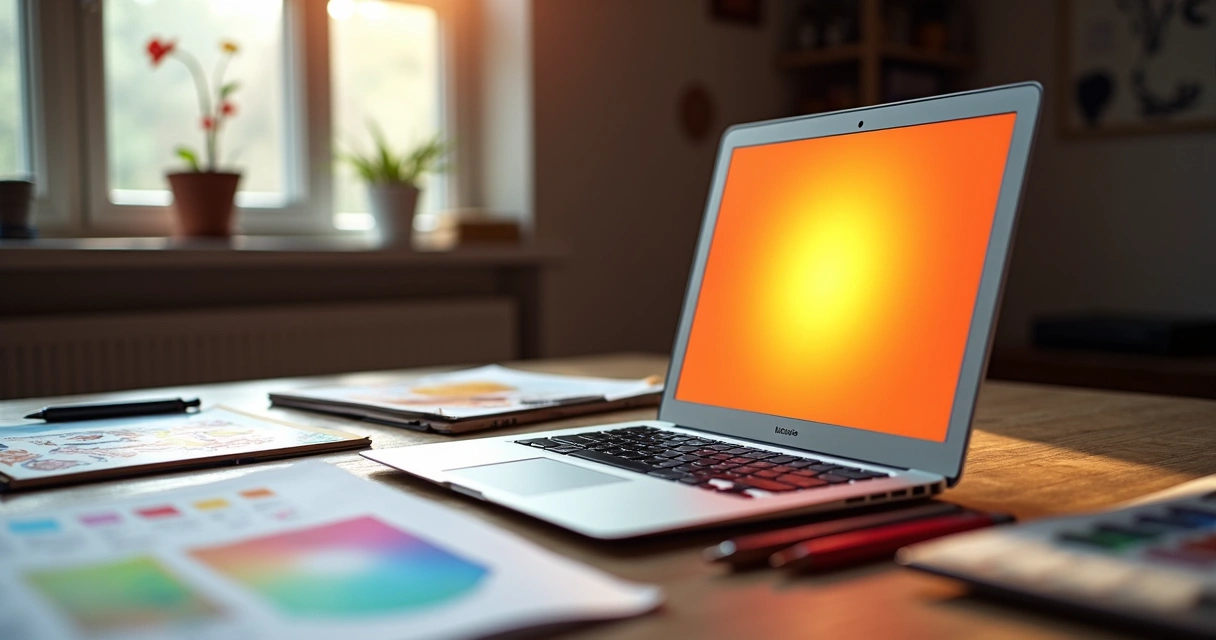 MacBook Air aberto sobre mesa de madeira com esboço criativo ao lado 