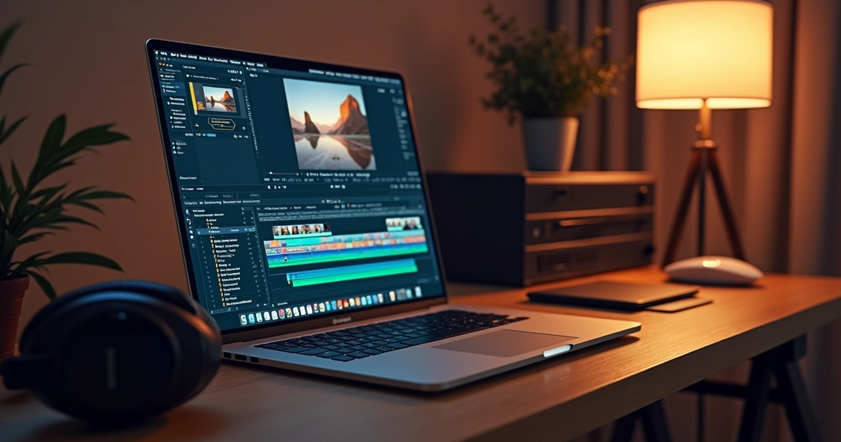 Pessoa trabalhando com edição de vídeo em um MacBook Pro em mesa de madeira 