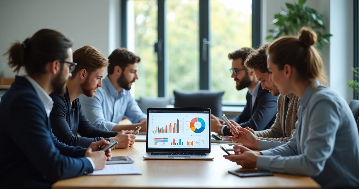 Equipe em reunião usando MacBook Pro com gráficos na tela 