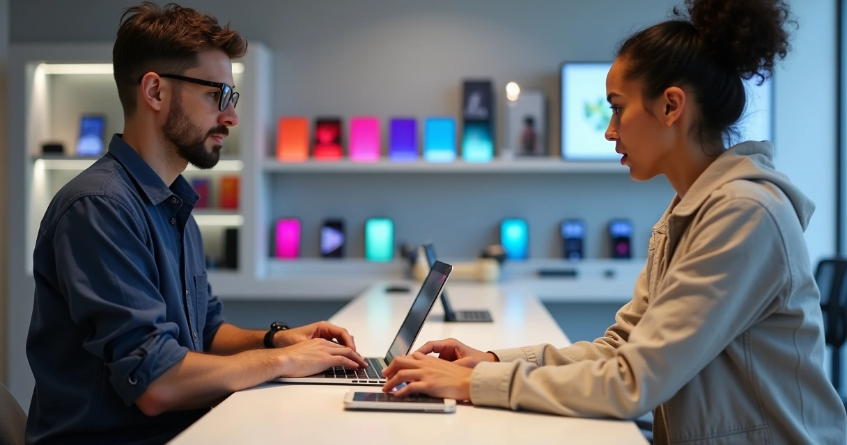Atendente usando MacBook Air em loja de celulares moderna 