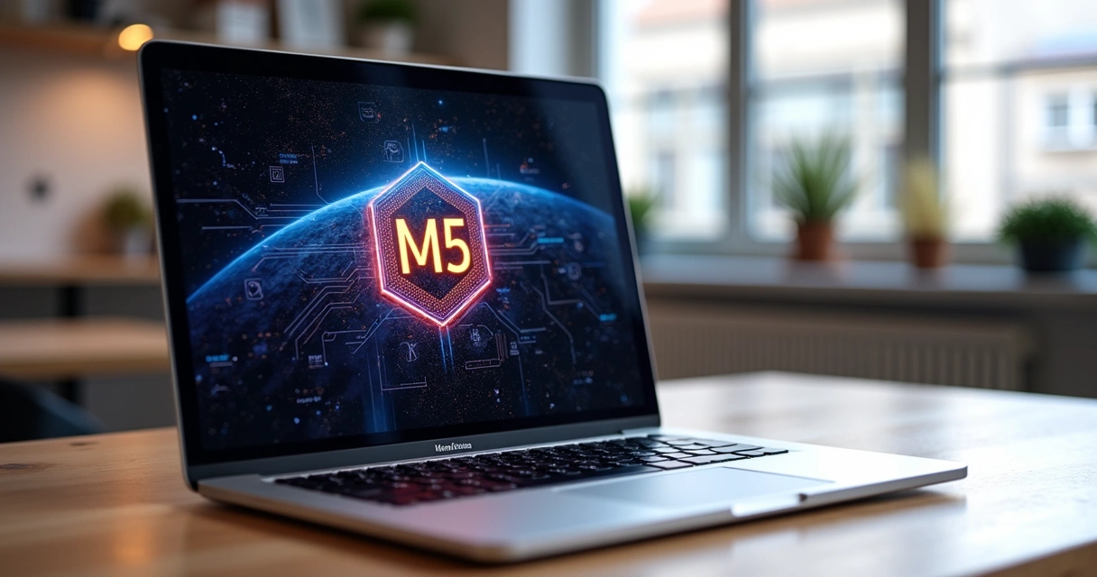 Novo MacBook Pro M5 aberto sobre mesa moderna 