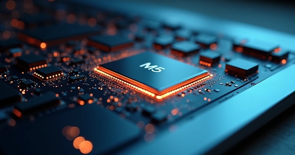 Detalhe do chip M5 dentro do MacBook Pro 14