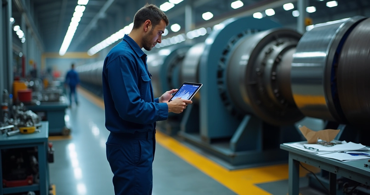 Technician inspects machine using tablet 