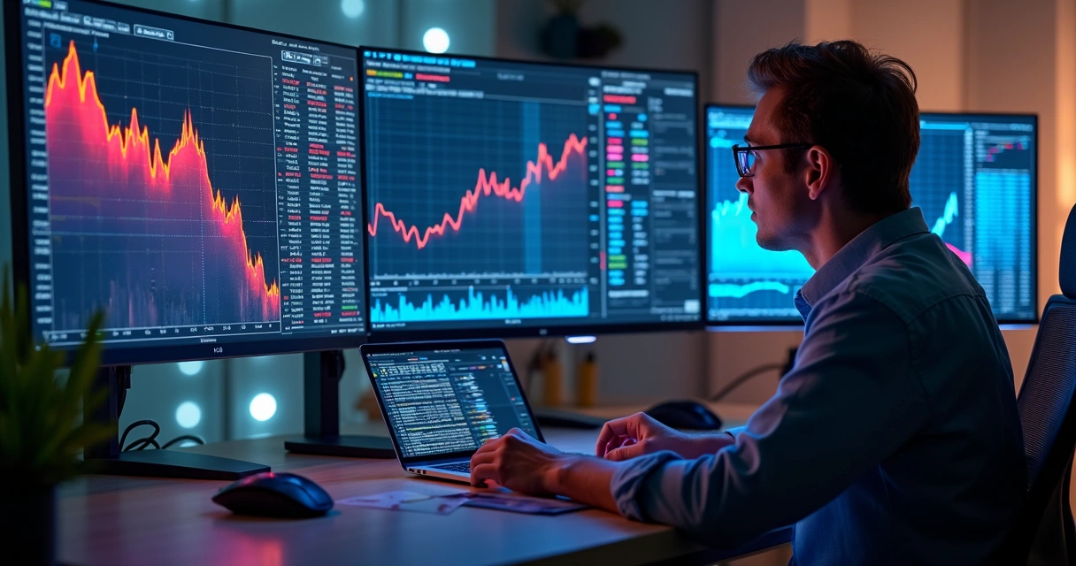 Modern risk desk with machine learning model graphs and financial monitors 