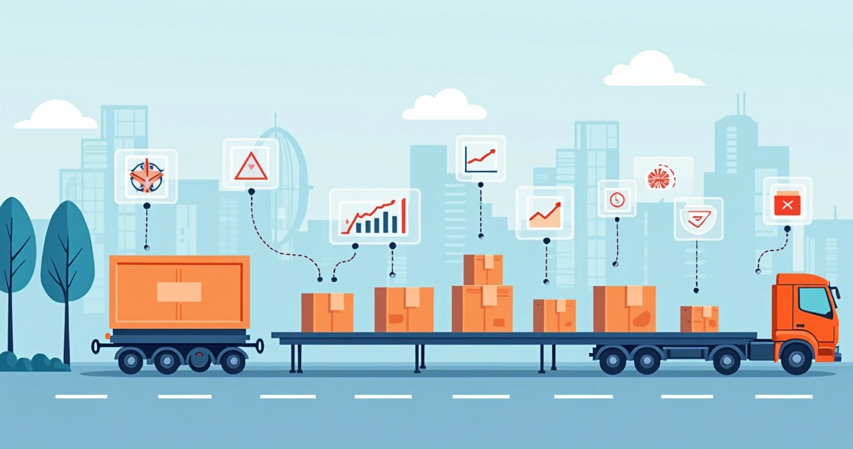 Linha de montagem digital com caixas de produtos e gráficos de tendência 