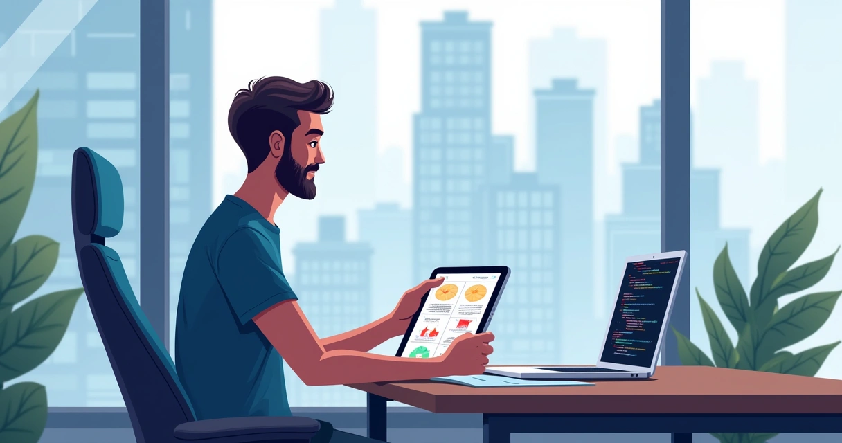 Developer using tablet, reviewing few-shot learning diagrams 
