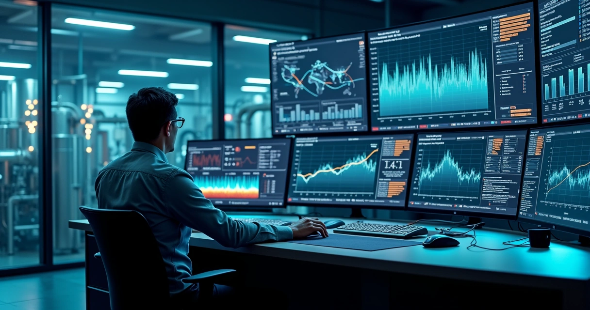 Engenheiro observando painel de sensores com gráficos de machine learning em destaque 