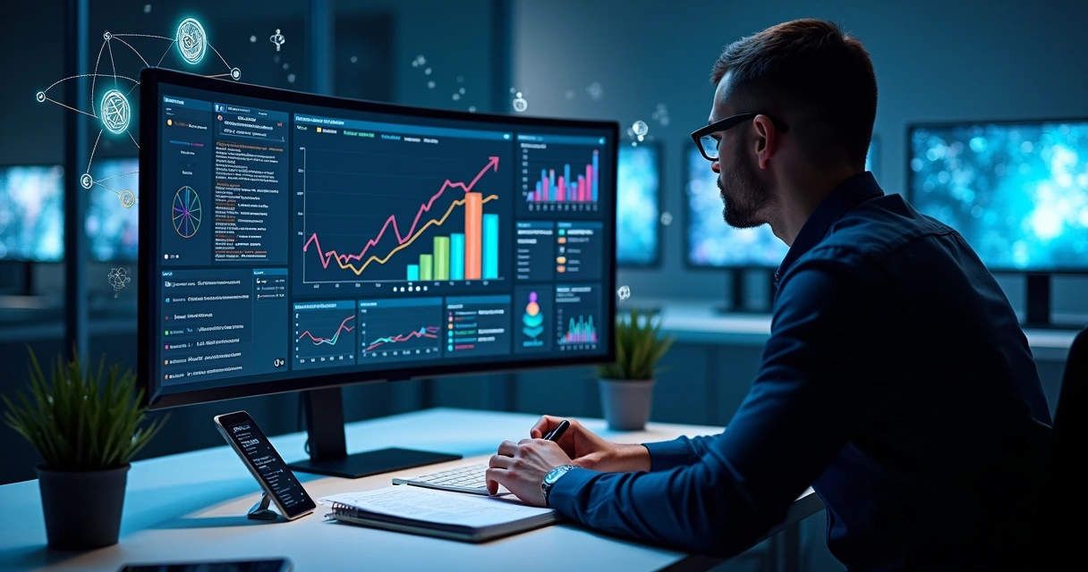 Profissional analisa painel de dados com gráficos e ícones de IA em estratégia de growth marketing 