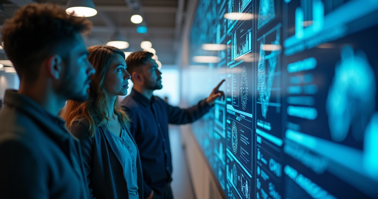 Equipe analisando gráficos com inteligência artificial 