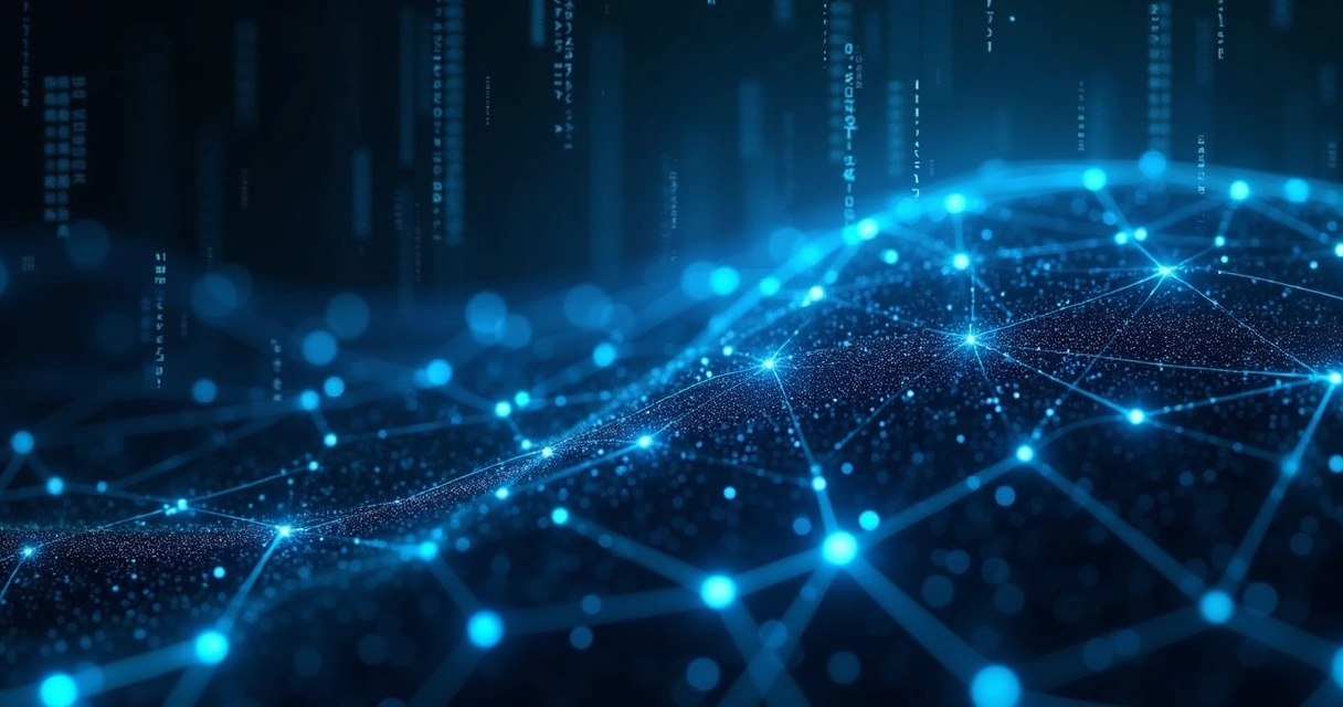 Representação visual de redes neurais conectando dados digitais em um fundo tecnológico azul