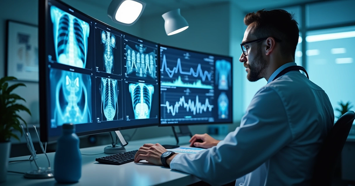 Médico analisando imagens médicas em monitor com gráfico digital ao lado 